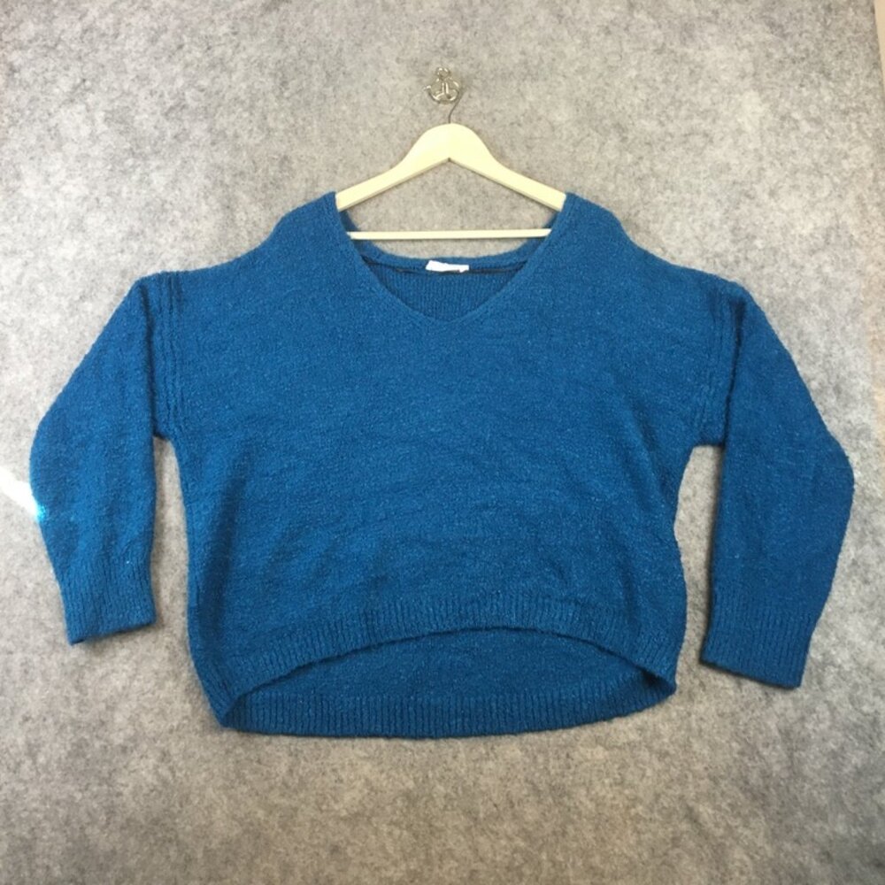 Double Zero Sweater L Oversized Slouchy Cropped V Neck Textured Boucle Knit Blue